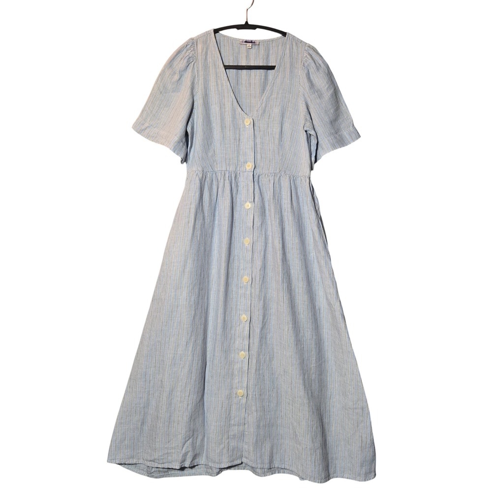 Madewell Cassie 100% Linen Button Front Midi Dress Blue Stripe XS Summer Coastal - Picture 1 of 13